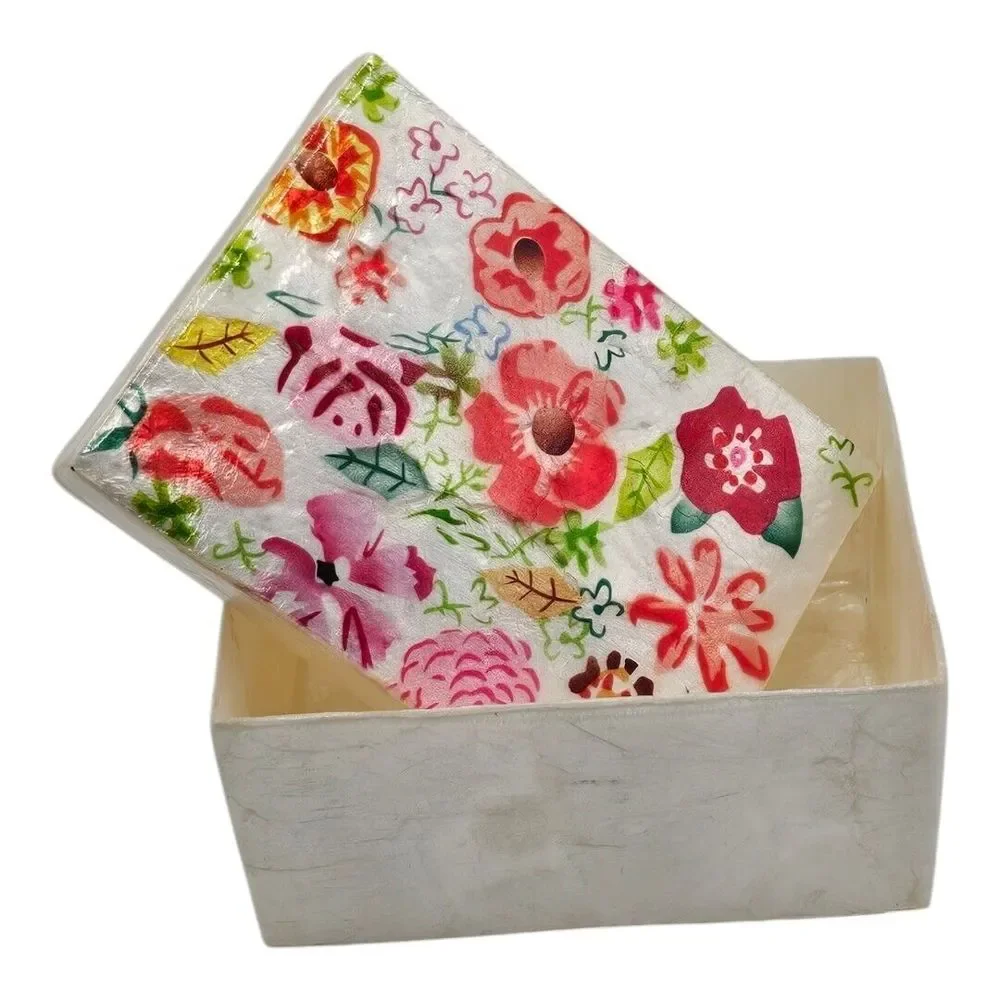 Capiz Oyster Mother of Pearl Shell Box Red Pink Floral Design Lid‎ Trinket Box